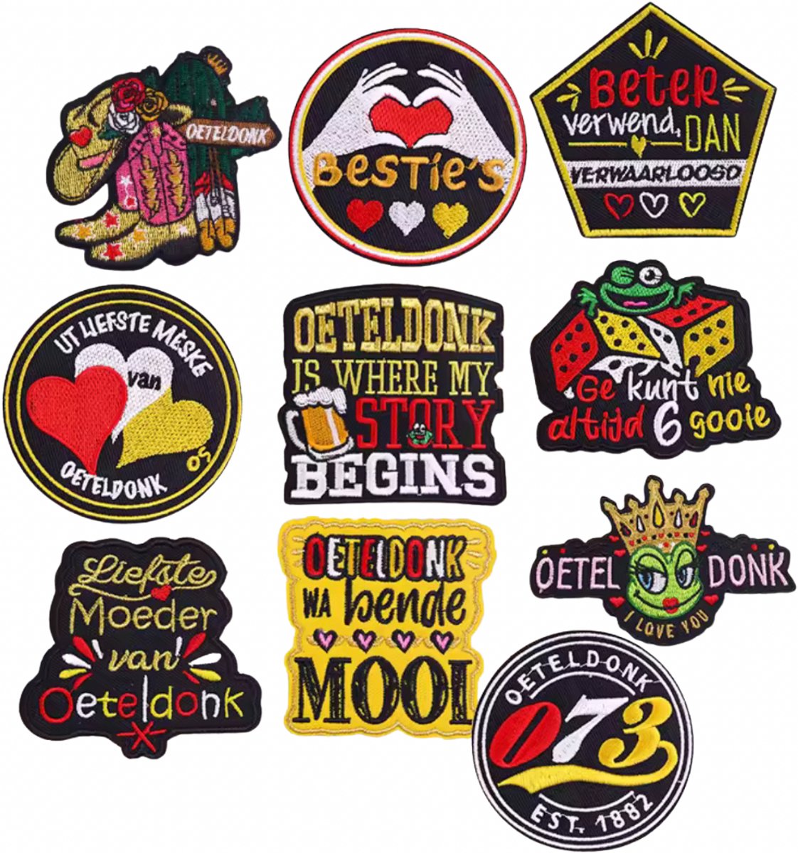 Oeteldonk Carnaval strijk embleem - patch - patches - stof & strijk applicatie - set 5 stuks bundel - rood - zwart - geel