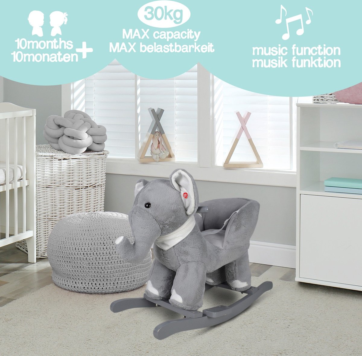 GoodVibes - Hobbelpaard voor Baby en Kind - Schommel Olifant - Stevige Constructie - Knuffelzacht met Geluidseffecten - Grijs