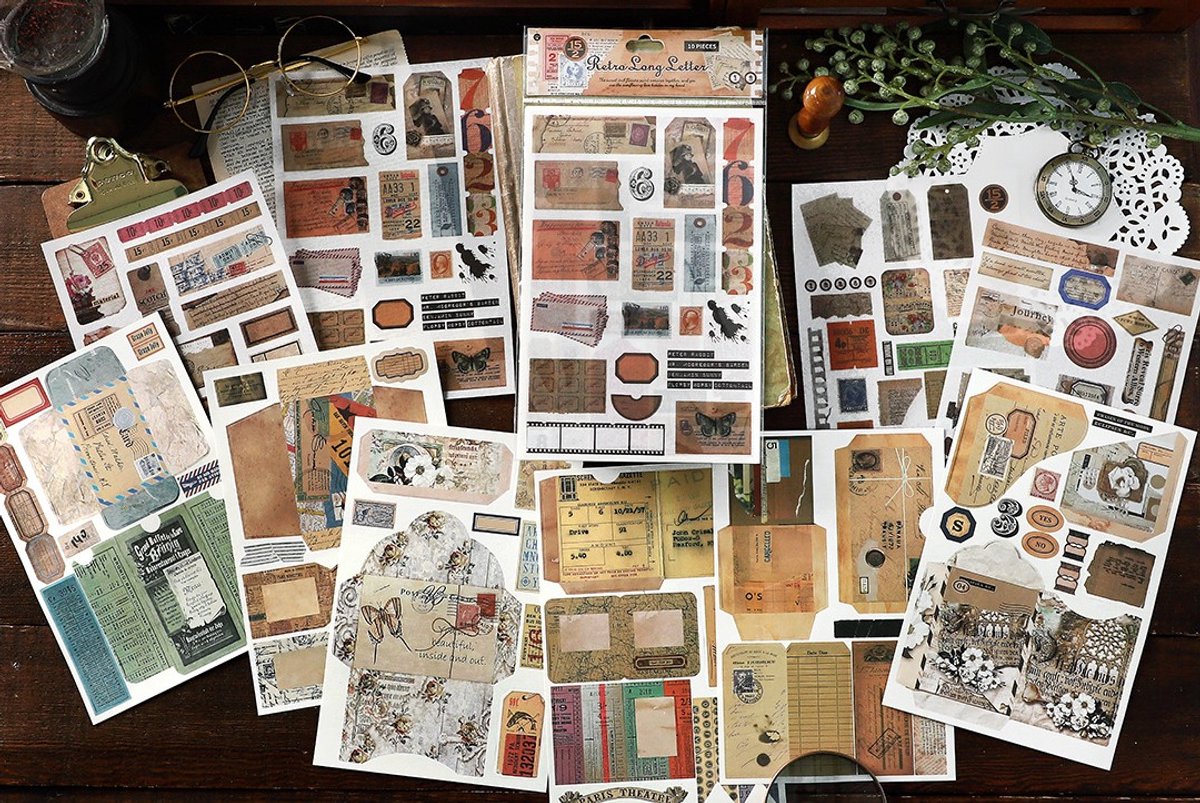 Sticker- en Papierset - Retro Long Letter - 10 vellen - Leuk voor o.a. Bulletjournal, Scrapbook en het maken van kaarten