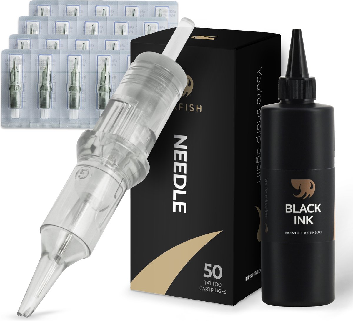 Inkfish® 250 ML Zwarte Tattoo Inkt en 50 Tattoo Naalden - Voor Tattoo Machines en Sets - Zwart - Kit Voor Beginner Set - Compleet - Verzorging - Gun - Stick en Poke - Cartridges - Needles