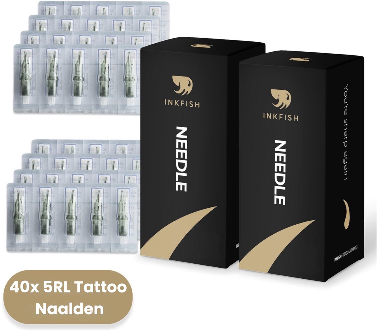 Inkfish® 2x 20 Stuks 5RL Professionele Tattoo Naalden - Complete Set voor Tattoo Machine, Inkt, PMU, Stick and Poke - Cartridge Needles - Geschikt voor Beginner & Gevorderden - Zwart, Gun en Verzorging