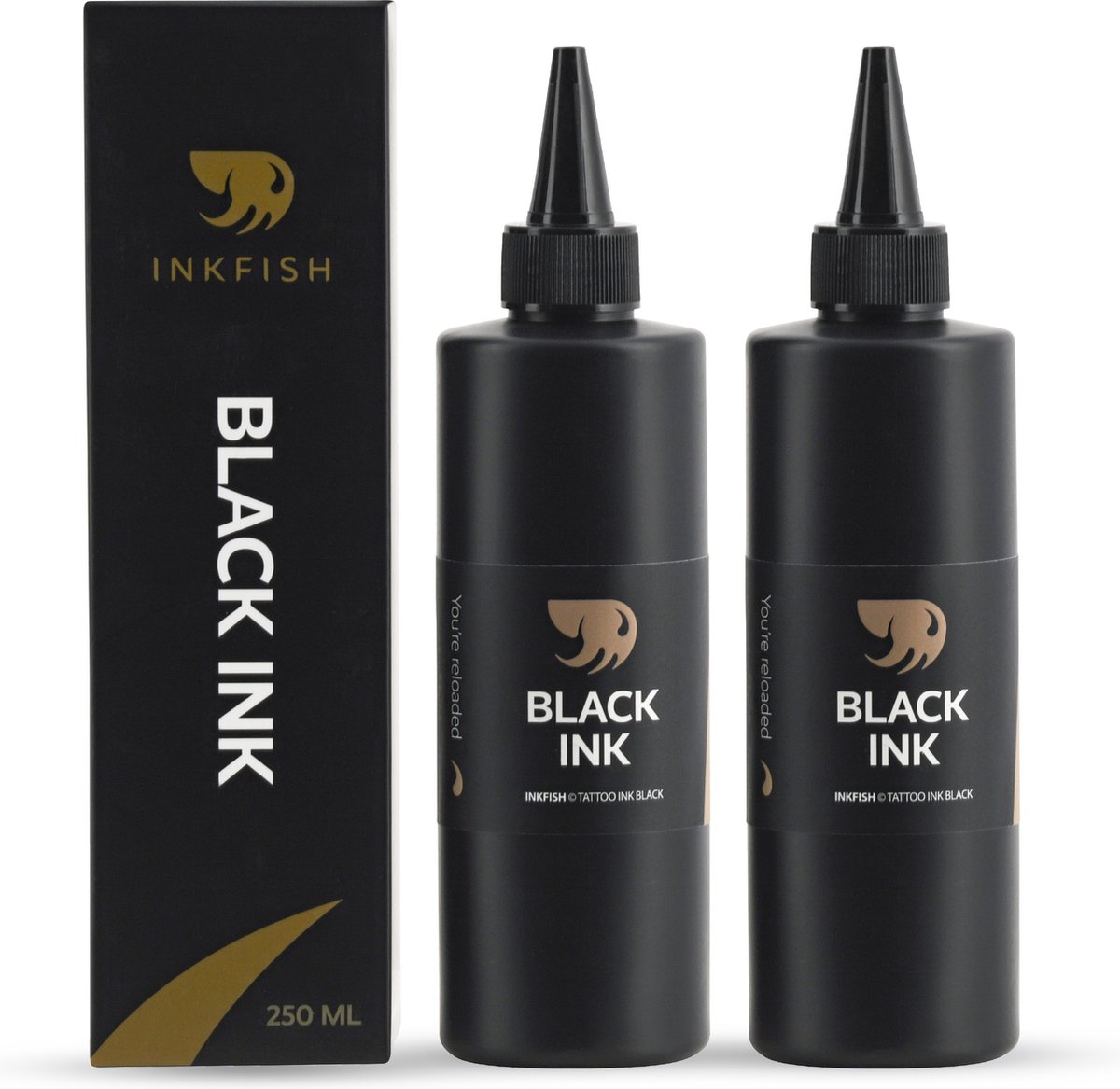 Inkfish® 2x Professionele Zwarte Tattoo Inkt 250 ML - Geschikt voor Tattoo Machine, Stick and Poke en Mensenhuid. Te gebruiken met Naalden, Cartridges, Needles - Verzorging - Zwart