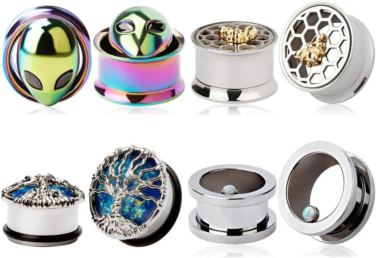   - 4 paar trendy legering stalen oordopjes met levensboom en schedel design, stretching gauge 10mm - 16mm