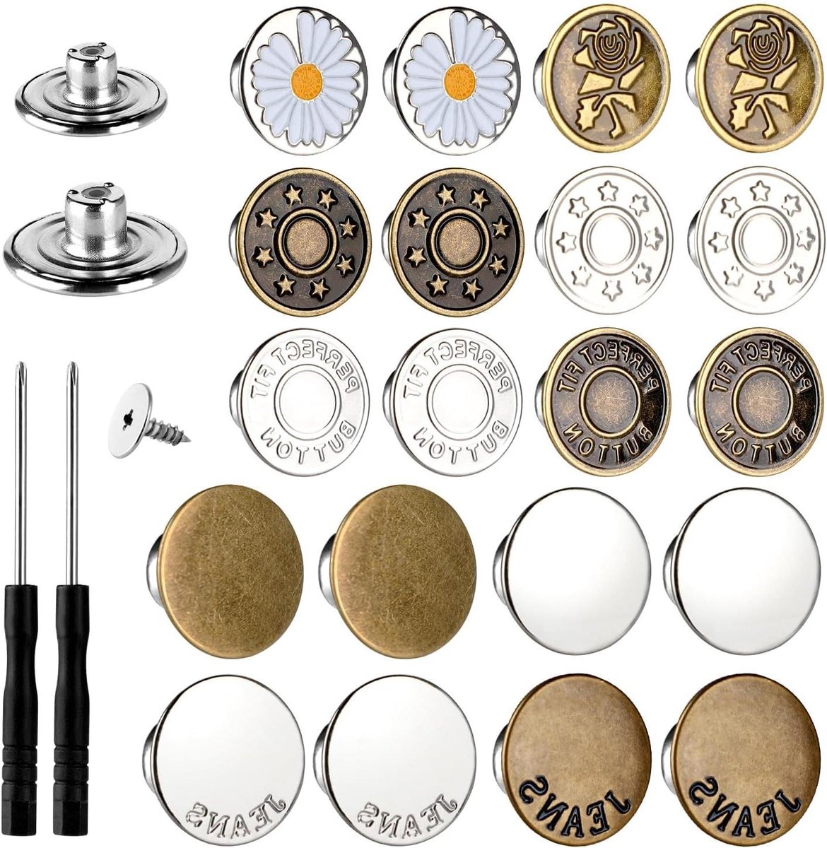   - 60 stuks metalen knopen 17 mm 20 mm jeansknopen geen naaien 10 patronen verstelbaar herbruikbaar jeansknop vervangende kits met klinknagels schroevendraaiers . -  