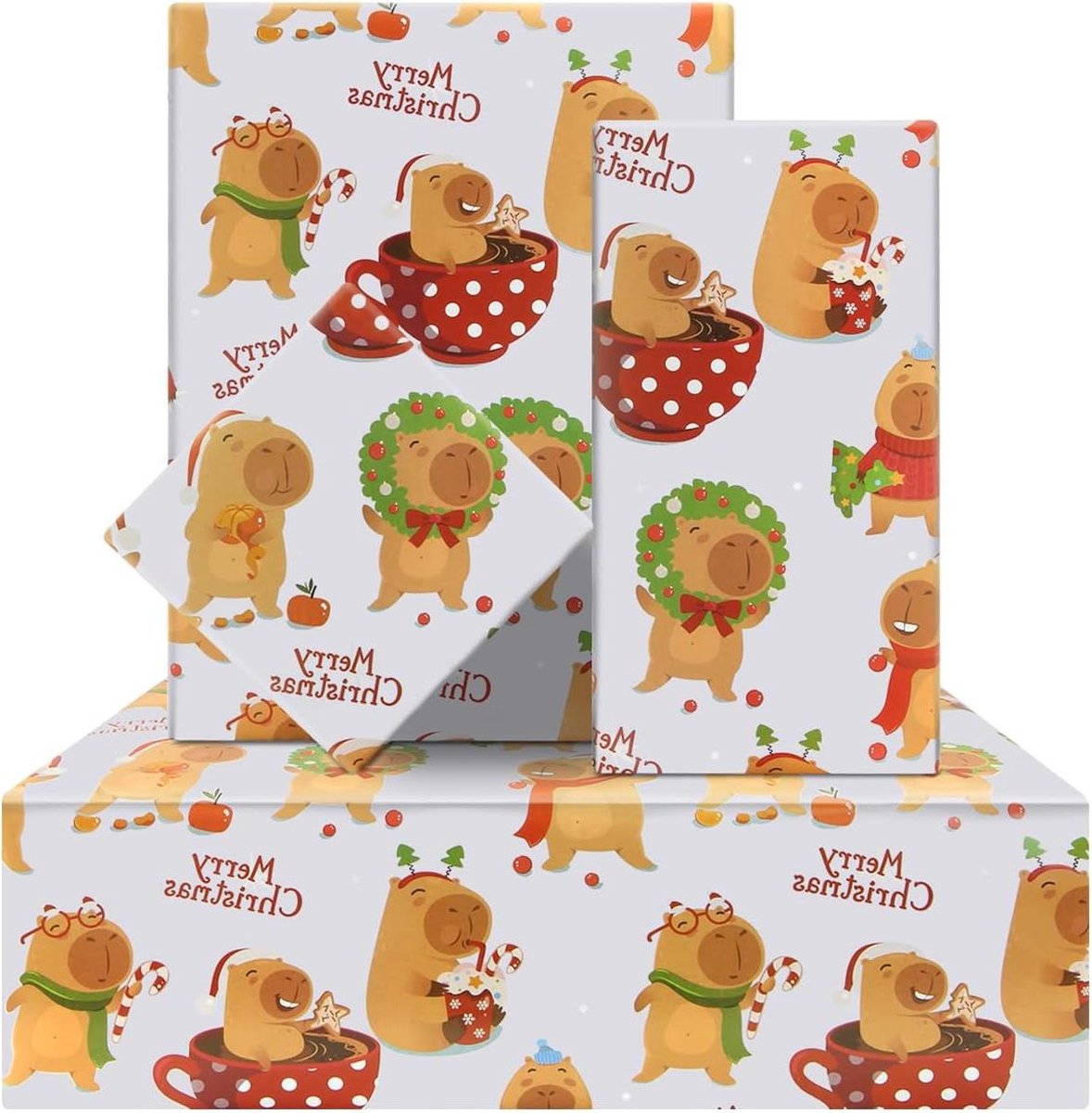 Inovra - Capybara Kerstinpakpapier voor kinderen - feestelijke dierenprint - 4 vellen - 50x70 cm - kerstcadeaupapier