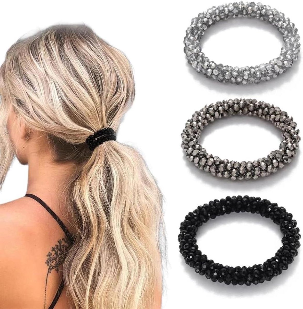   - Elastische Haar Gummis Set met Kralen en Rhinestones voor Dames - Hoofdbanden en Haar Accessoires - Geschikt voor Horsetail - 3-delige Set met Crunchies - Haar Sieraden