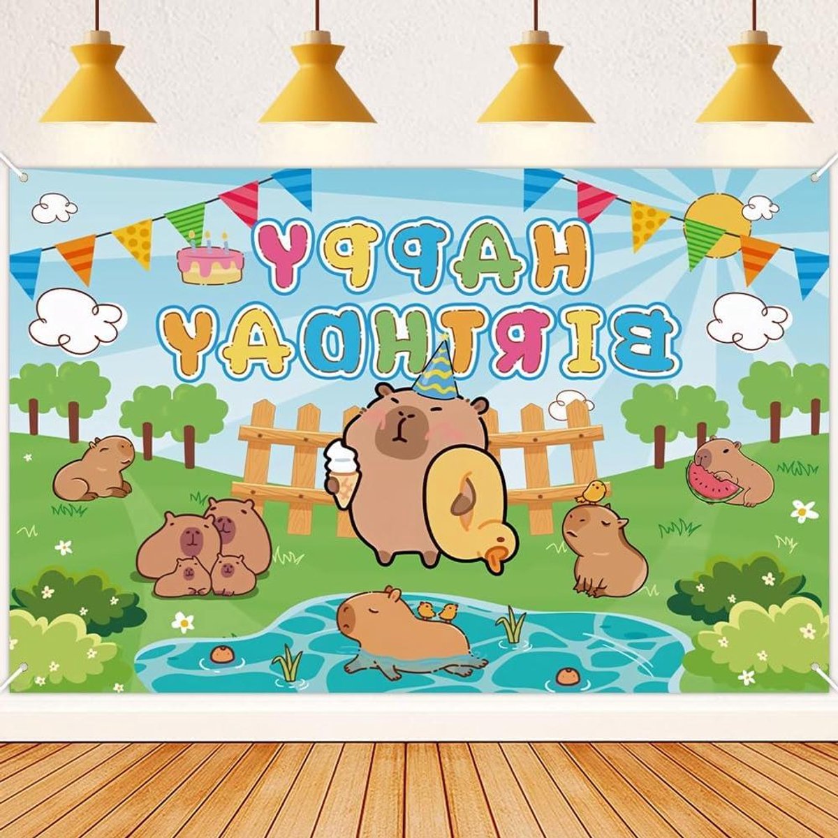 Inovra - Feestelijke Capybara Verjaardagsachtergrond 180 x 110 cm met Leuke Dierenthema Decoratie voor Fotocabine Studio - Kinderen Jongens Meisjes Feestbenodigdheden Indoor Outdoor Fotobanner