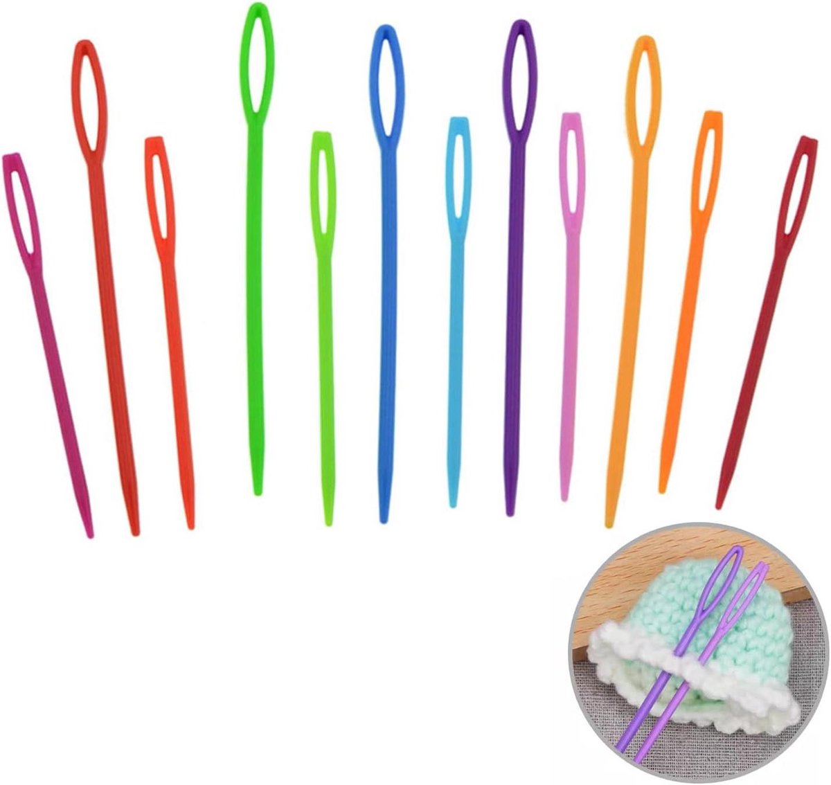 Inovra - Handnaainaalden Plastic - Set van 60 stuks - Kinder- en Trui-naainaalden - 7cm en 9cm - Stopnaalden voor Haken - Groot Oog - Willekeurige Kleuren mix . - Naald