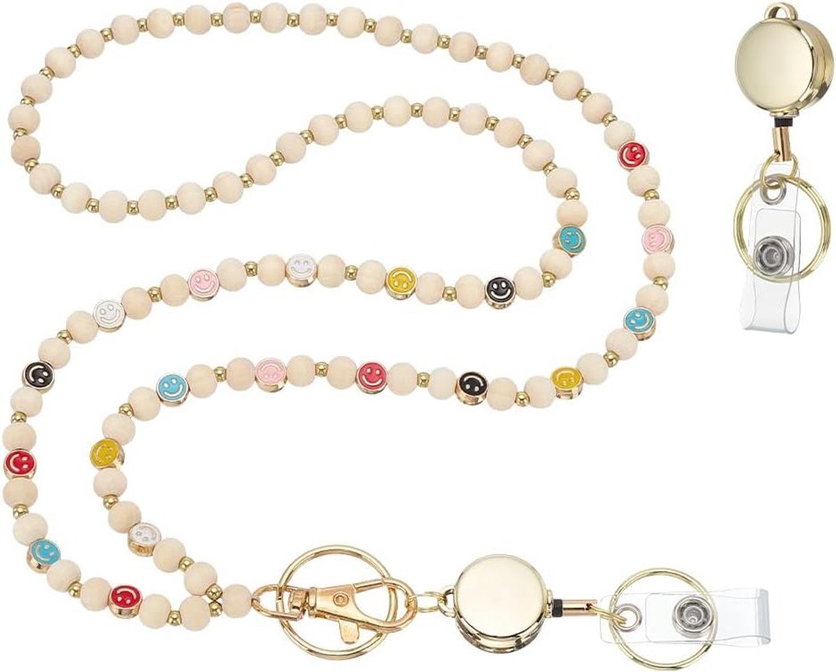 Inovra - Intrekbare kralenhanger voor lerarenkoord met gekleurde kralen en smilegezicht