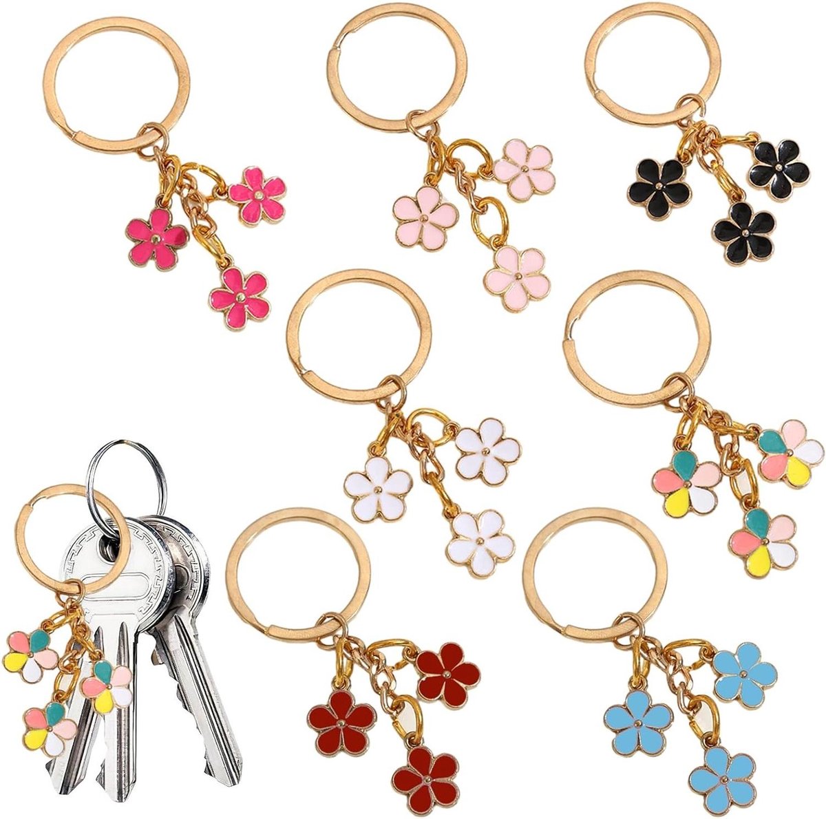 Inovra - Kleurrijke Bloemen Sleutelhangers Set van 7 - Schattige Hanger voor Vrouwen - Valentijnsdag en Verjaardagscadeau