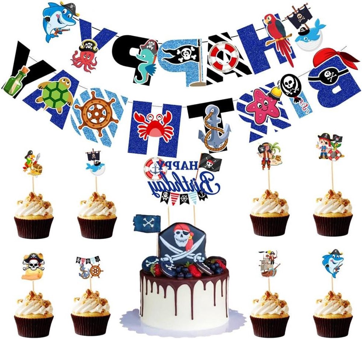 Inovra - Piratenfeestdecoratie set met Happy Birthday thema, inclusief piratenshark gelukkige verjaardag banner - voor kinderen en volwassenen.