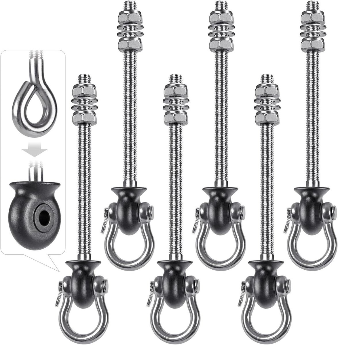   - RVS Ophangset voor Hangmat - 6 Stuks - 180° Draaibaar - Montageset voor Binnen en Buiten - Maximaal 1500lbs - Yogatouw Zandzak Swing