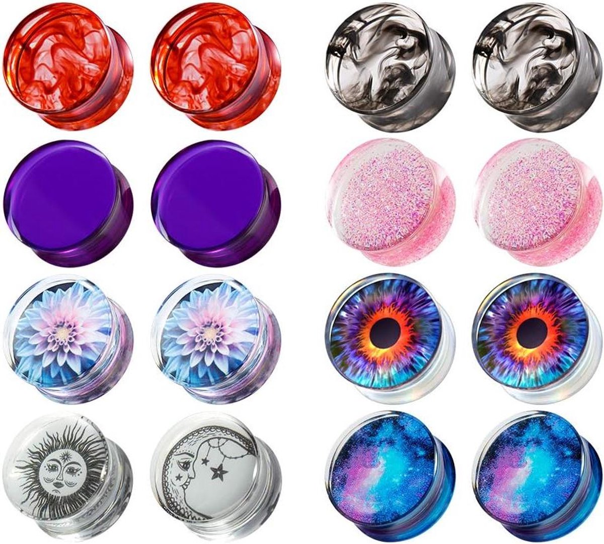 Inovra - Set van 16 Gemengde Acryl Oormeters en Tunnels met Piercing Expander - Geschenkset voor Oren - Maten 0 g-1 inch (8mm-25mm) - Gauge: 1/2