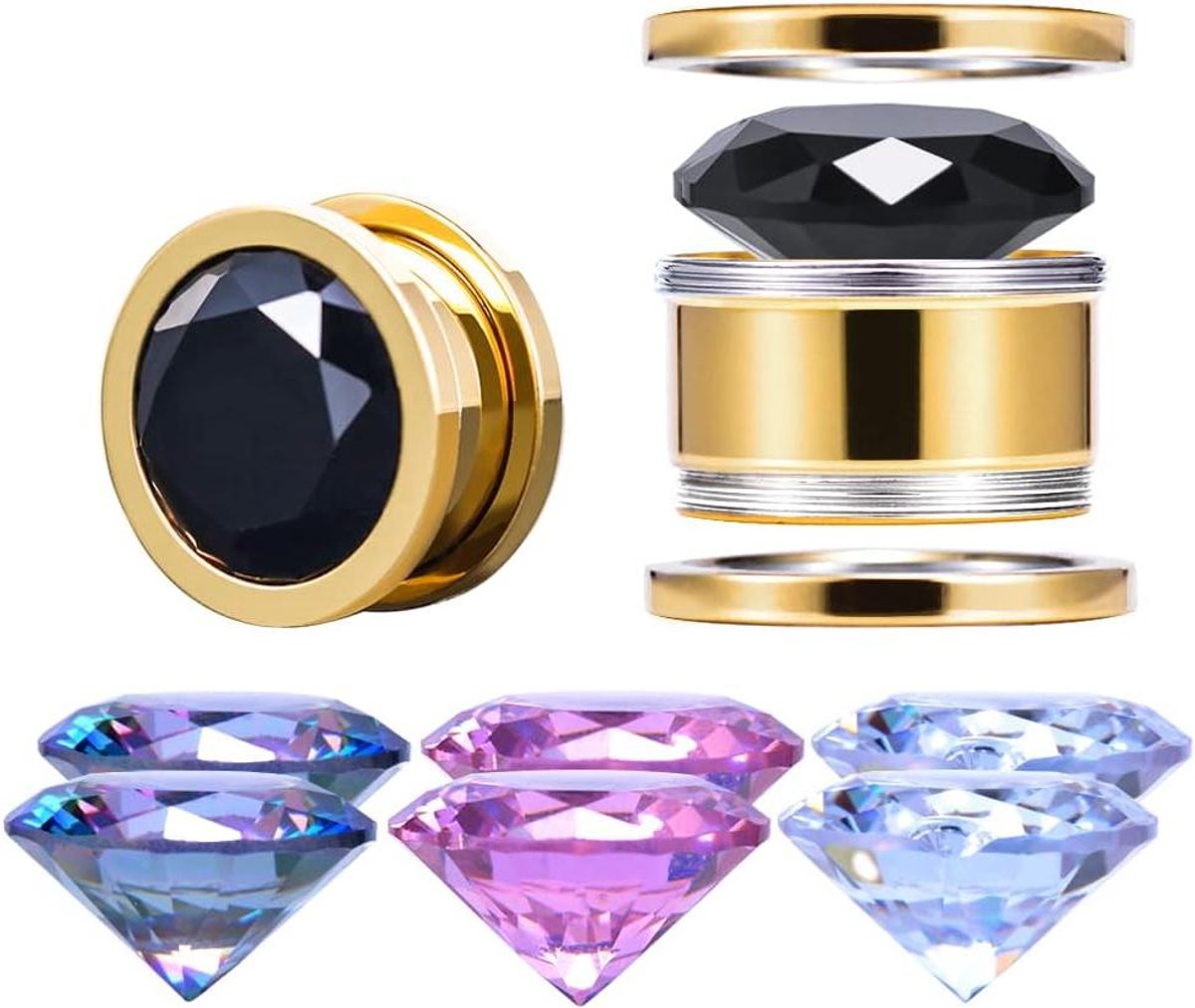   - Set van 4 paar gekleurde zirkonias en 1 paar roestvrijstalen oortunnels - Oormeetinstrumenten voor het stretchen van oren - Schroefje voor tunnel 0g-1 inch.