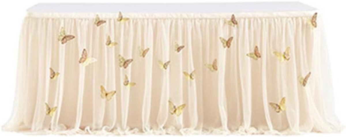 Inovra - Tafelrok van tule voor feest en bruiloft, met vlinder decoratie, champagne, l 183 cm x h 77 cm