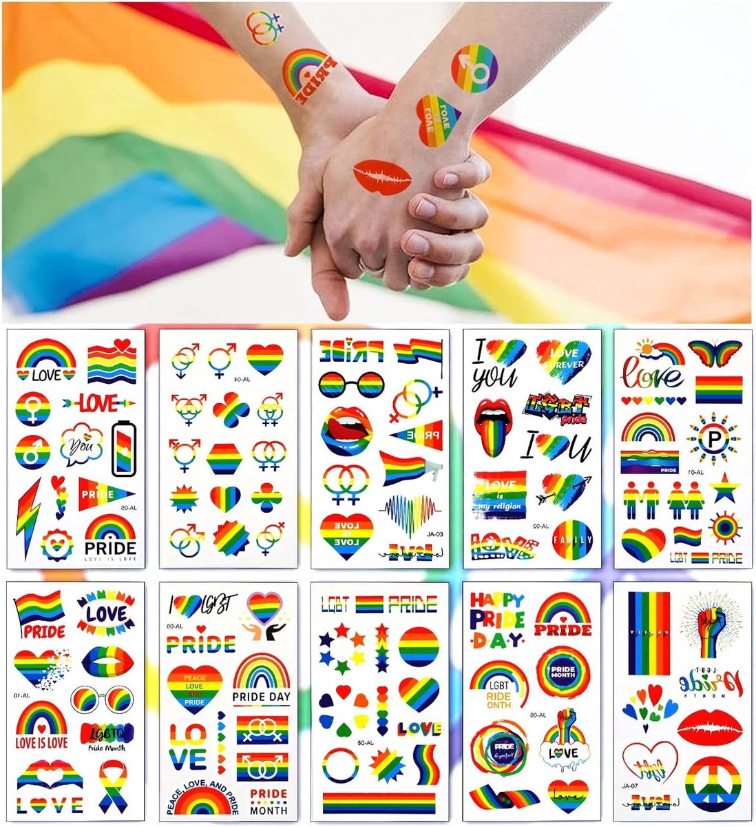 Inovra - Tijdelijke tatoeages Regenboog Pride Stickers - 10 vellen, 112 stuks