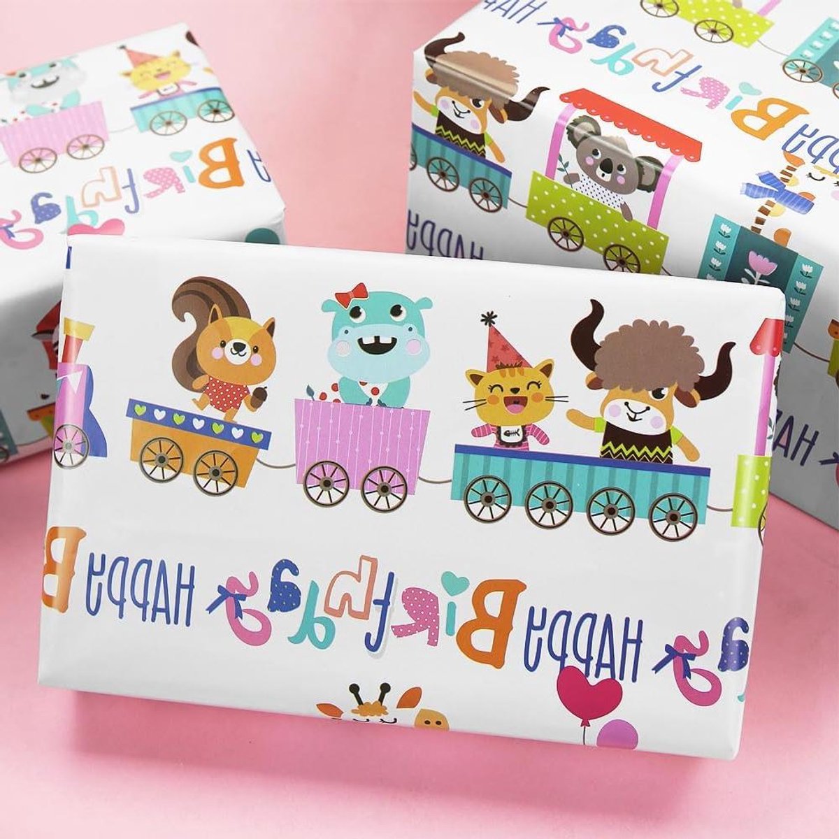 Inovra - Verjaardagscadeaupapier voor kinderen met cartoon dier trein ontwerp - set van 4 vellen - 50 x 70 cm per vel