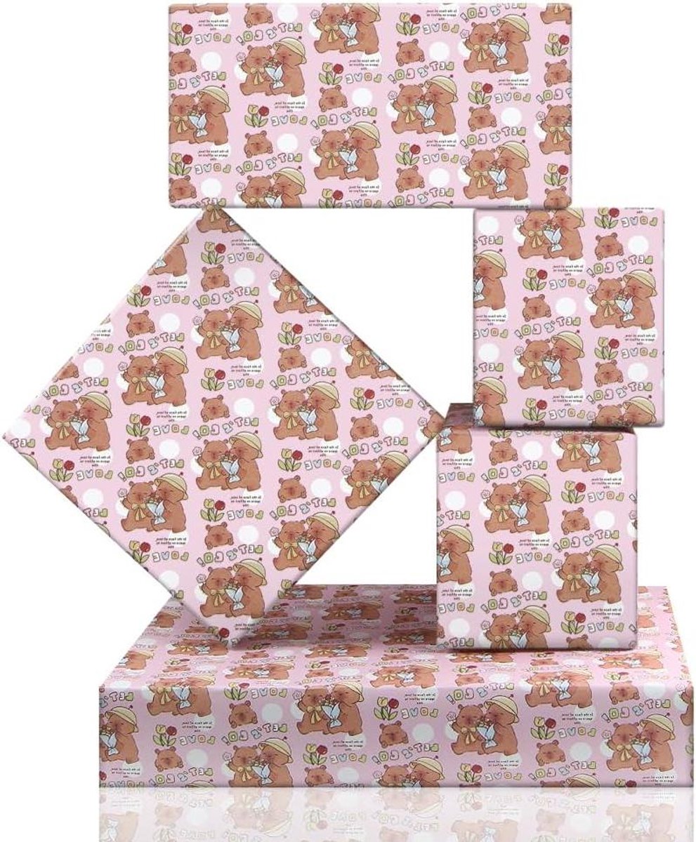 Inovra - Verjaardagsinpakpapier met Capybaras voor kinderen en babyshower - 4 vellen - 50 x 70 cm per vel