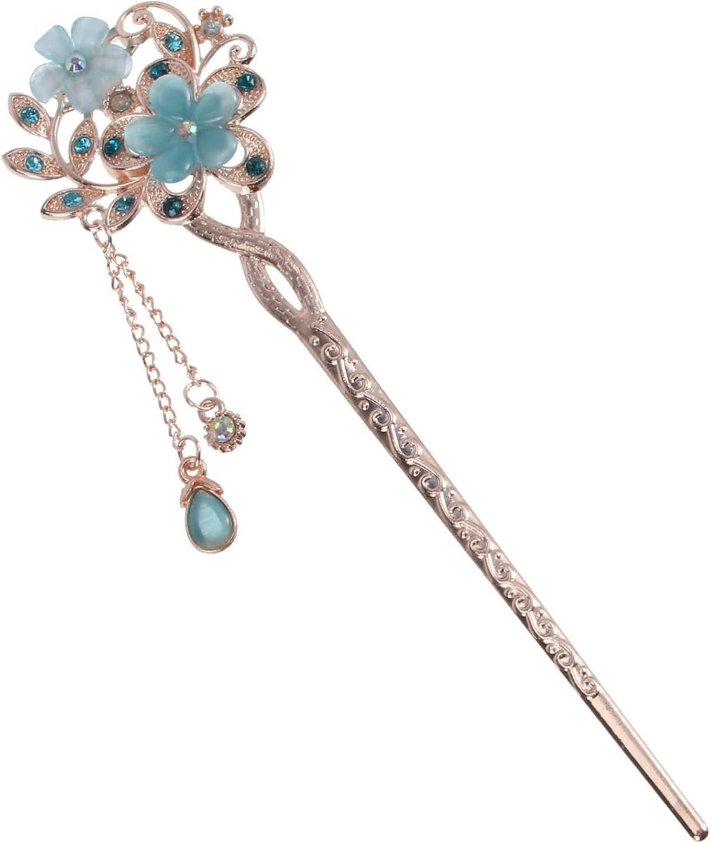   - Vintage Haar Stick Opaal Bloem Decoratie - Chinese spelden Oude stijl - Blauwe speld met authentieke uitstraling