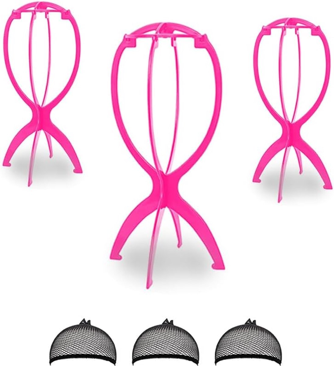 Inovra ® Pakket van 3 pruikenhouders, pruikenstandaardset, opvouwbare pruikenhouder, draagbare pruikenhouder, plastic pruikenhouder voor het opbergen van pruiken, hoeden en sjaals (roze)