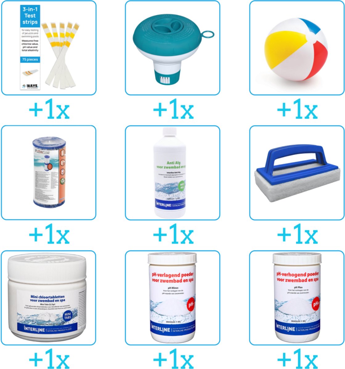 Alles-in-1 Zwembad Onderhoudspakket - bevat Chloor - PH-min - PH-plus - Filter - Anti Alg - Scrubborstel - Testrips - Chloordrijver en Strandbal (9-delig)