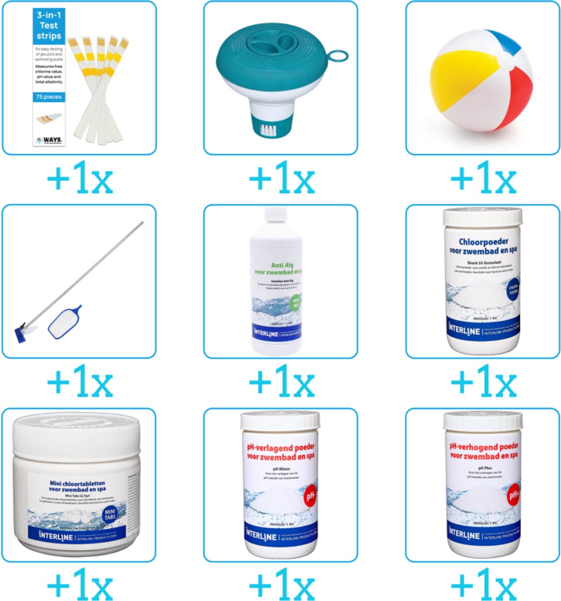 Alles-in-1 Zwembad Onderhoudspakket - bevat Chloor - PH-min - PH-plus - Schoonmaakset - Anti Alg - Chloor - Testrips - Chloordrijver en Strandbal (9-delig)
