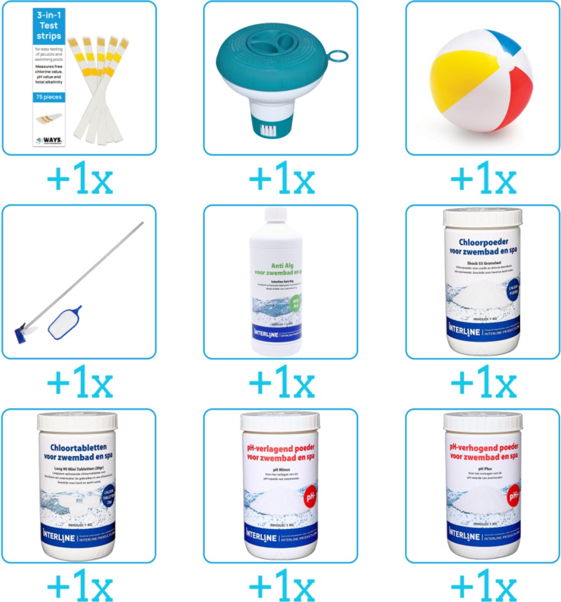 Alles-in-1 Zwembad Onderhoudspakket - bevat Chloor - PH-min - PH-plus - Schoonmaakset - Anti Alg - Chloor - Testrips - Chloordrijver en Strandbal (9-delig)