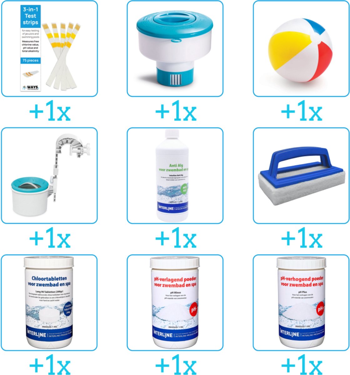 Alles-in-1 Zwembad Onderhoudspakket - bevat Chloor - PH-min - PH-plus - Skimmer - Anti Alg - Scrubborstel - Testrips - Chloordrijver en Strandbal (9-delig)