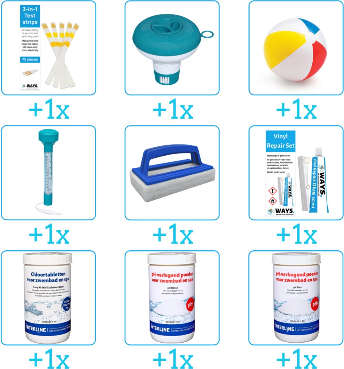 Alles-in-1 Zwembad Onderhoudspakket - bevat Chloor - PH-min - PH-plus - Thermometer - Scrubborstel - Reparatiesetje - Testrips - Chloordrijver en Strandbal (9-delig)