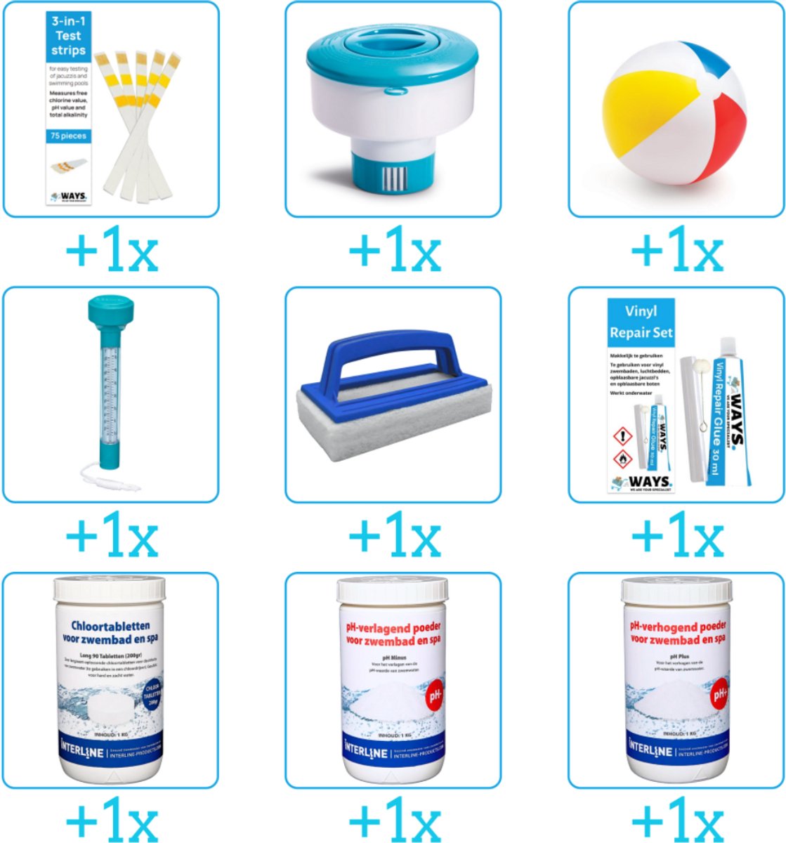 Alles-in-1 Zwembad Onderhoudspakket - bevat Chloor - PH-min - PH-plus - Thermometer - Scrubborstel - Reparatiesetje - Testrips - Chloordrijver en Strandbal (9-delig)