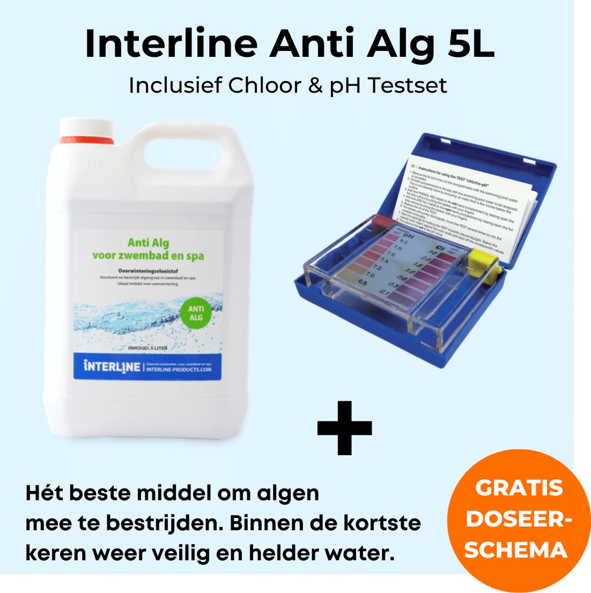 Interline Anti Alg 5 liter - Inclusief pH & Chloor Testset - Anti Alg voor zwembad - Algenbestrijding - Inclusief Anti Alg doseerschema