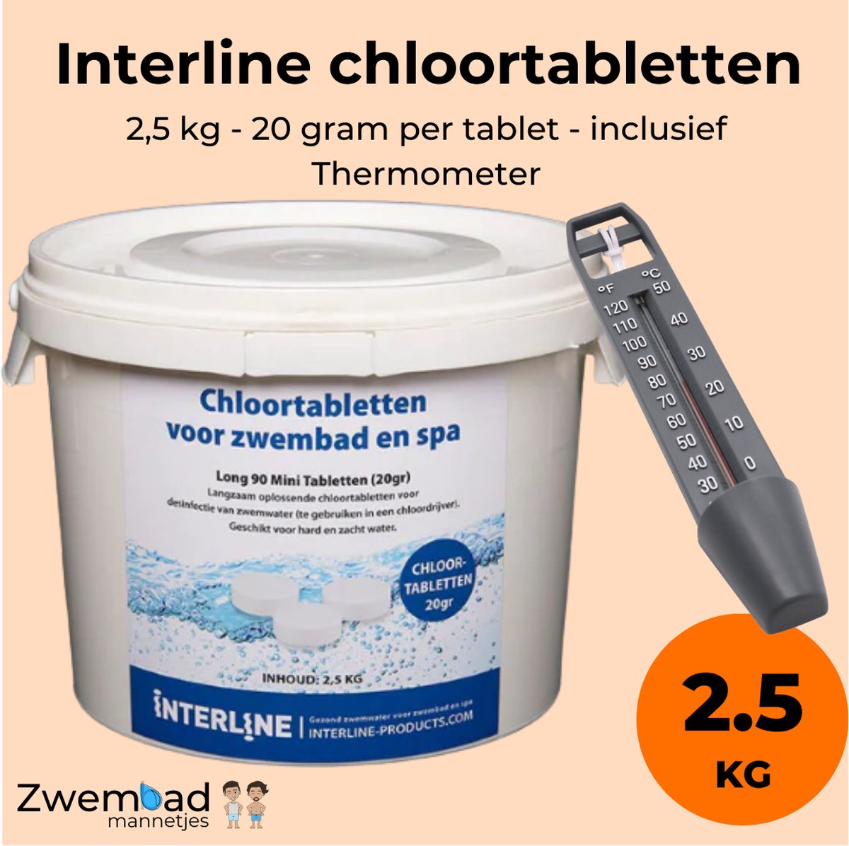   Chloortabletten zwembad 20 gram 2,5 kg - Chloortabletten zwembad - Chloortabletten 20 gram per tablet - Verpakking van 2,5kg - Langwerkende chloortabletten - Gratis thermometer - Inclusief doseerschema