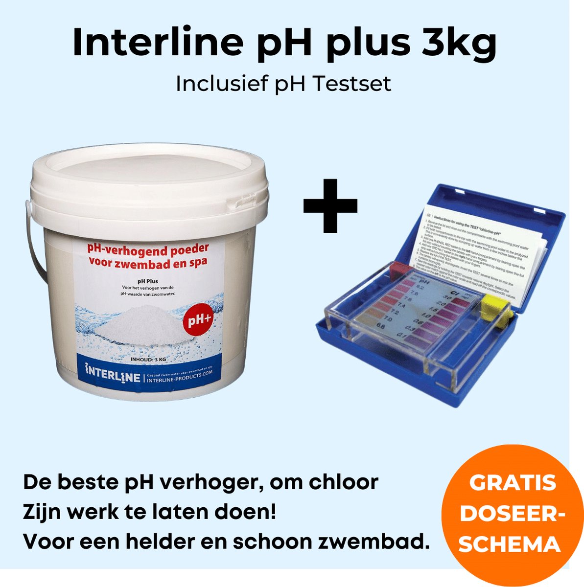 Interline pH plus 3kg - Inclusief chloor en pH Testset- pH plus voor zwembad - Verhogen pH waarde - Inclusief doseerschema