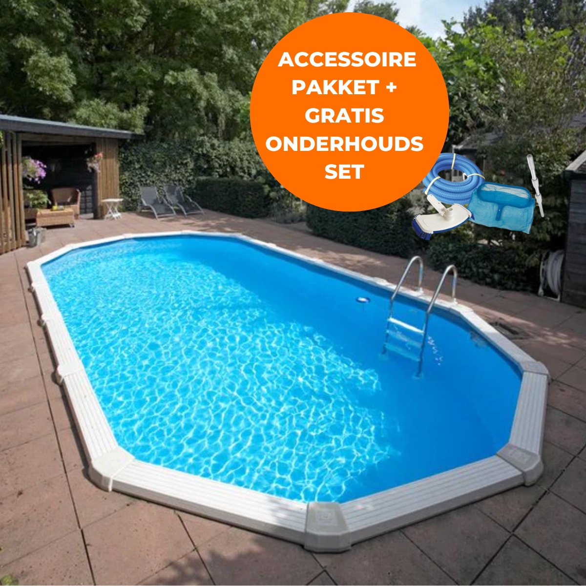 Interline zwembad Diana 6,10 x 3,60m ovaal - Metaalwand zwembad - Op- en inbouw - Inclusief filterset - Inclusief zwembadtrap - Gratis onderhoudsset