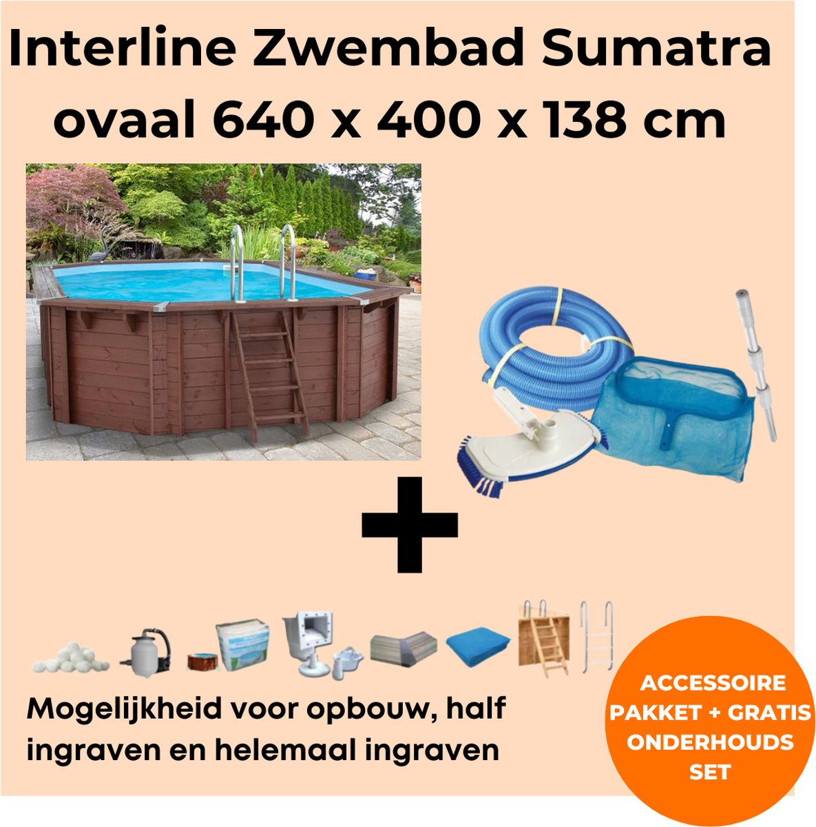 Interline zwembad Sumatra 6,40 x 4,00m ovaal - Houten constructie - Op- en inbouw - Inclusief filterset - Inclusief zwembadtrap - Gratis onderhoudsset