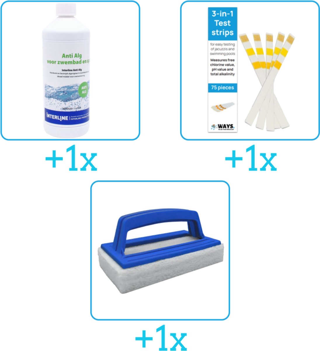 Zwembad Onderhoudsbundel - Zwembad Onderhoud Starterspakket bevat Anti Alg - Testrips en Scrubborstel - Interline Zwembad Onderhoud Starterspakket - Anti-Alg - Ideaal voor Zwembaden (3-delig)