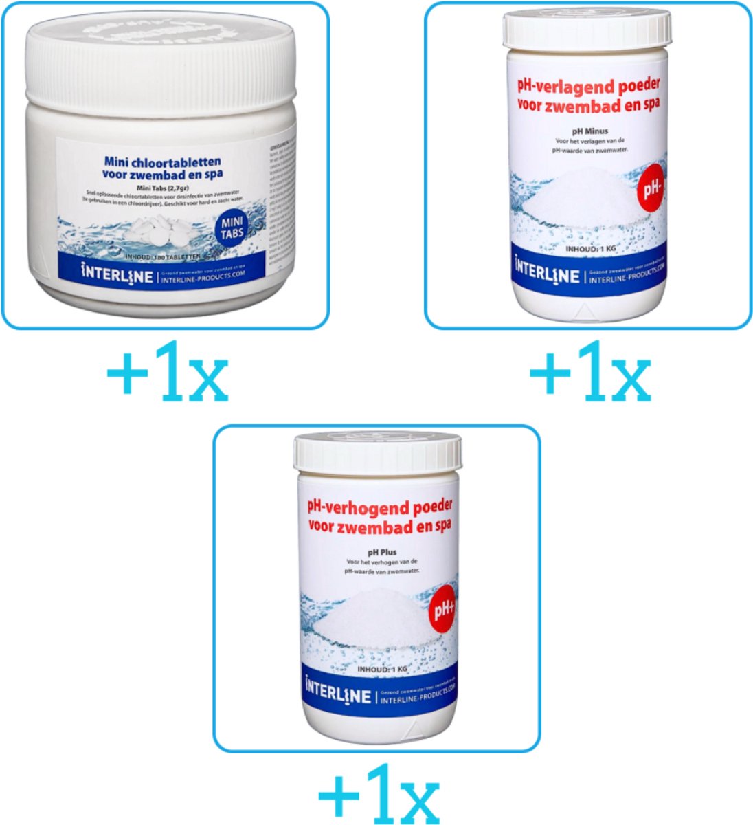 Zwembad Onderhoudsbundel - Zwembad Onderhoud Starterspakket bevat Chloor - PH-min en PH-plus - Interline Onderhoud Starterspakket - Voor zwembaden en Spas - Voor kleinere zwembaden tot 2500 liter (3-delig)
