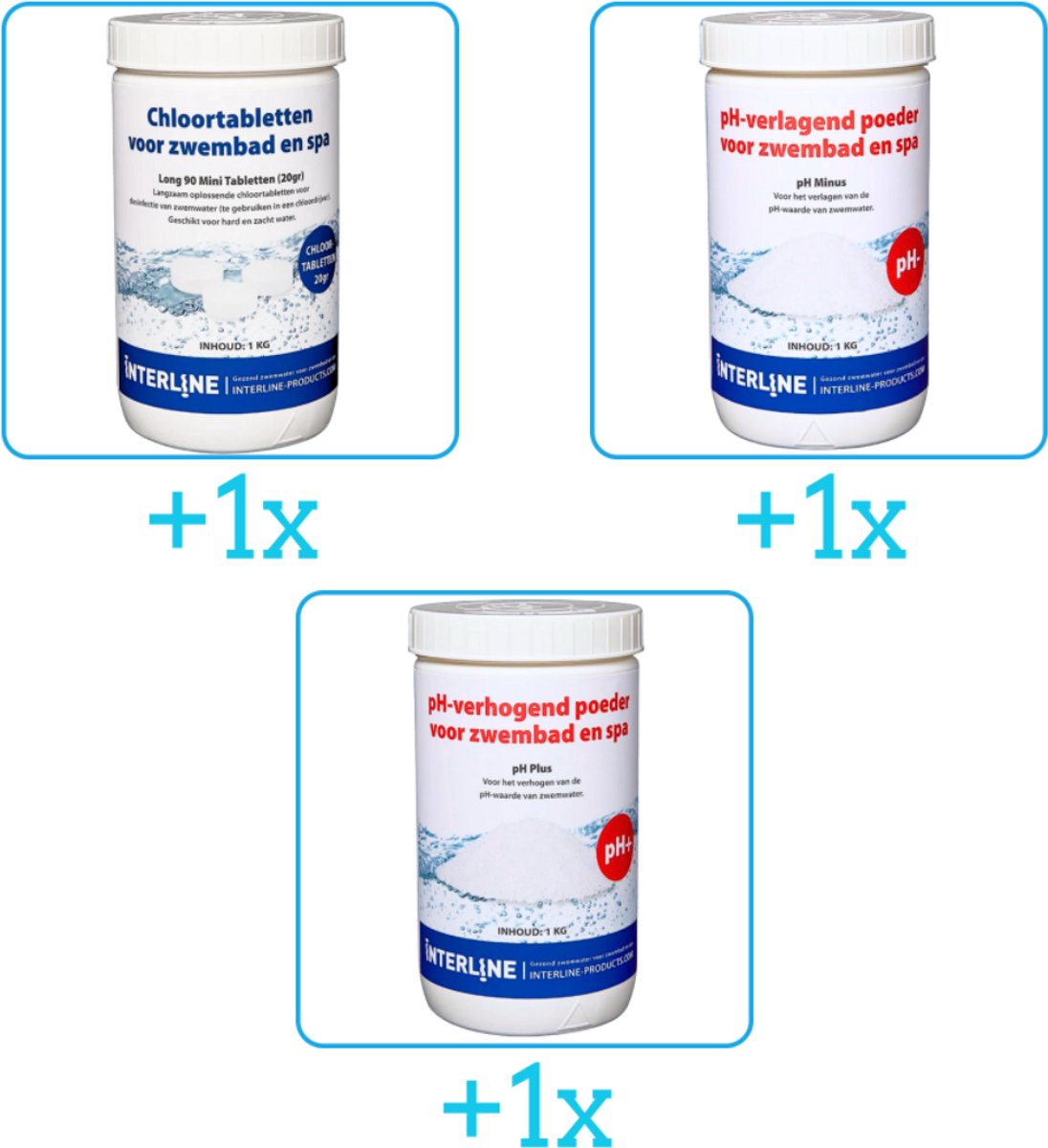 Zwembad Onderhoudsbundel - Zwembad Onderhoud Starterspakket bevat Chloor - PH-min en PH-plus -   Onderhoud Starterspakket- voor Opzetzwembaden - Voor middelgrote zwembaden van 2500 tot 25.000 liter (3-delig)