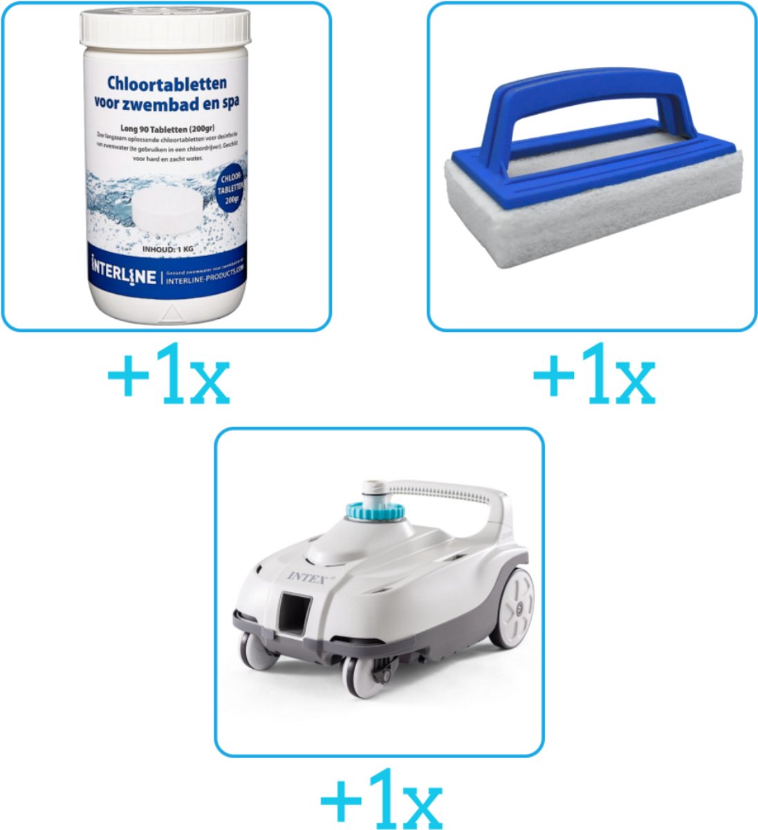 Zwembad Onderhoudsbundel - Zwembad Onderhoud Starterspakket bevat Chloor - Scrubborstel en Stofzuiger - Interline Onderhoud Starterspakket - Chloortabletten - Geschikt voor zwembaden met meer dan 25.000 liter (3-delig)