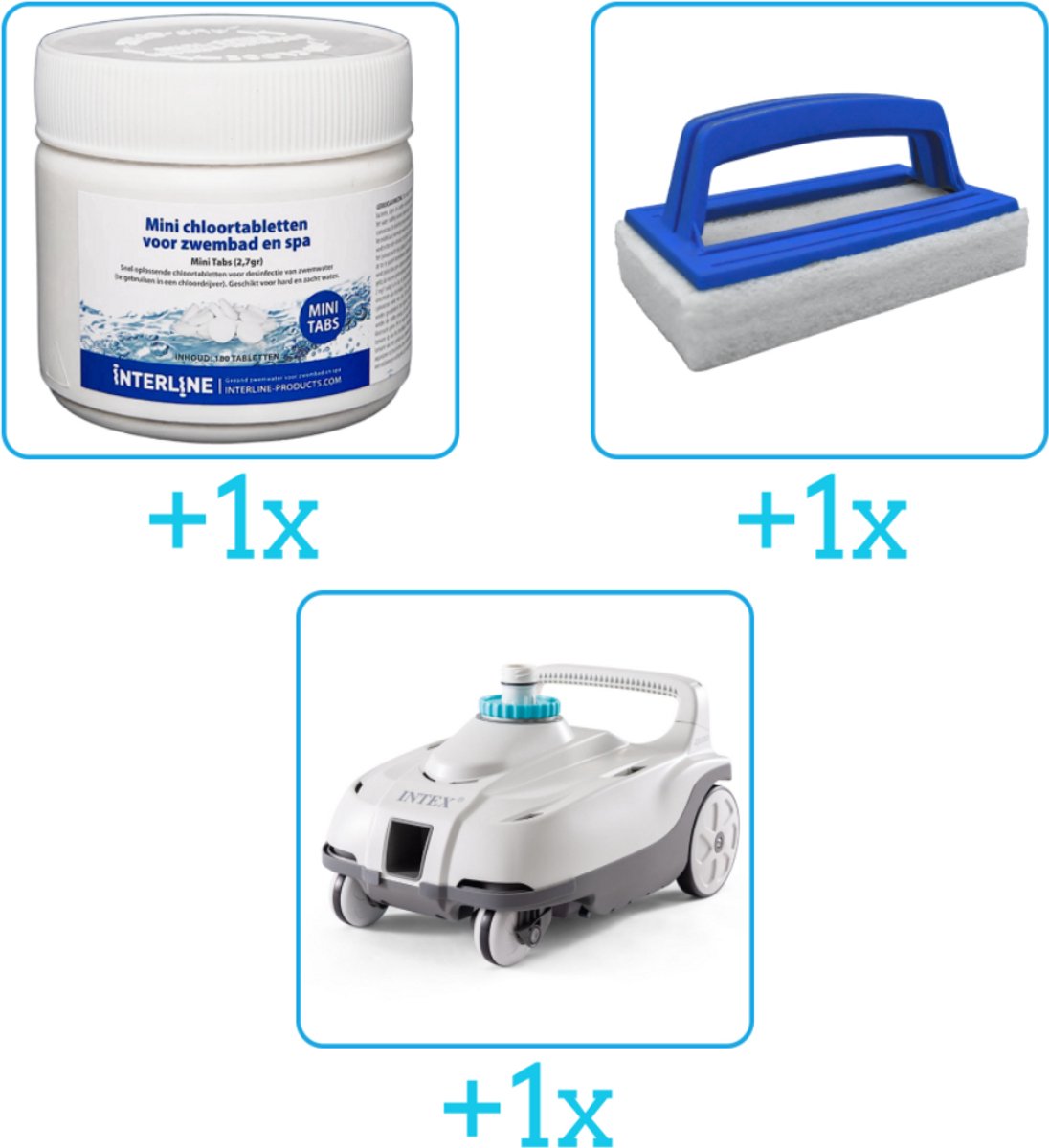 Zwembad Onderhoudsbundel - Zwembad Onderhoud Starterspakket bevat Chloor - Scrubborstel en Stofzuiger - Interline Onderhoud Starterspakket - Voor zwembaden en Spas - Voor kleinere zwembaden tot 2500 liter (3-delig)