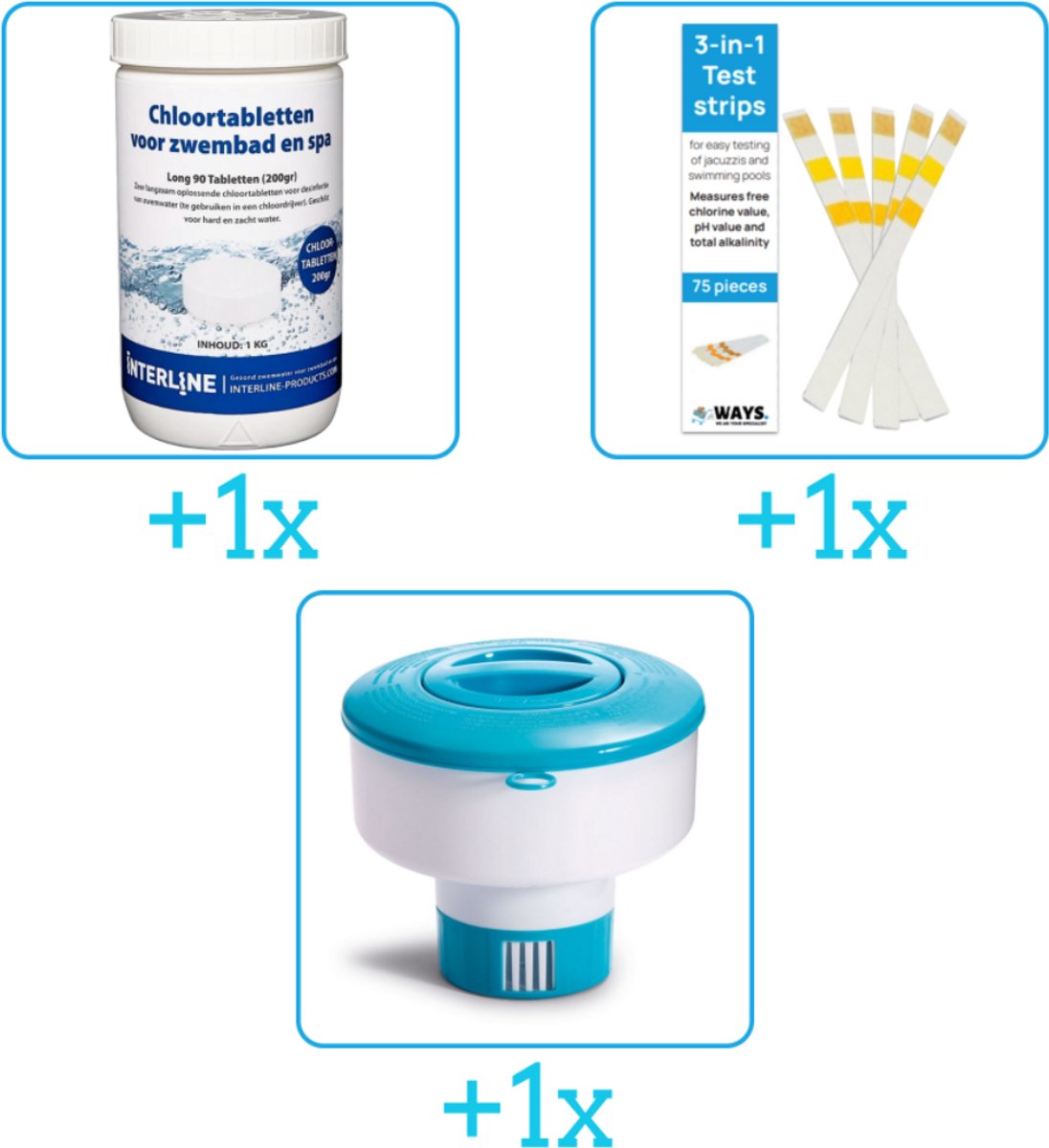 Zwembad Onderhoudsbundel - Zwembad Onderhoud Starterspakket bevat Chloor - Testrips en Chloordrijver - Interline Onderhoud Starterspakket - Chloortabletten - Geschikt voor zwembaden met meer dan 25.000 liter (3-delig)