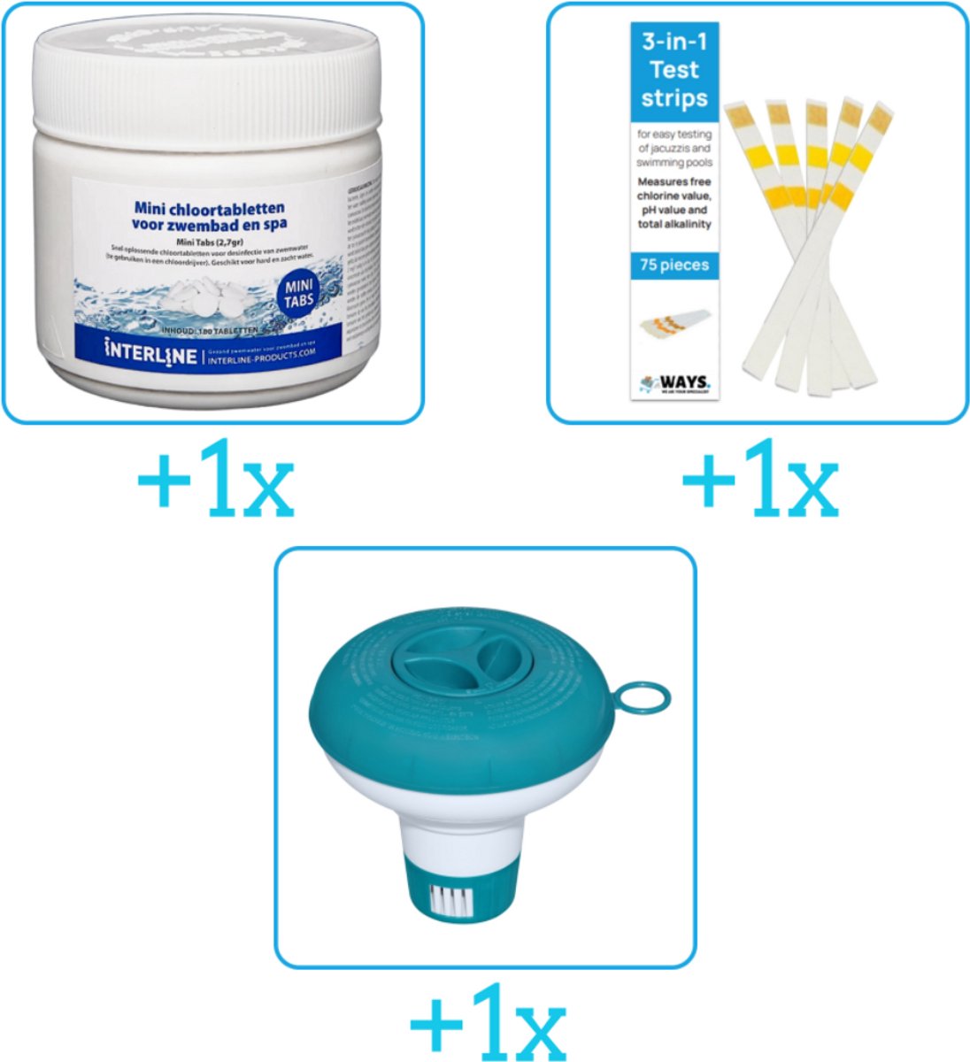 Zwembad Onderhoudsbundel - Zwembad Onderhoud Starterspakket bevat Chloor - Testrips en Chloordrijver - Interline Onderhoud Starterspakket - Voor zwembaden en Spas - Voor kleinere zwembaden tot 2500 liter (3-delig)
