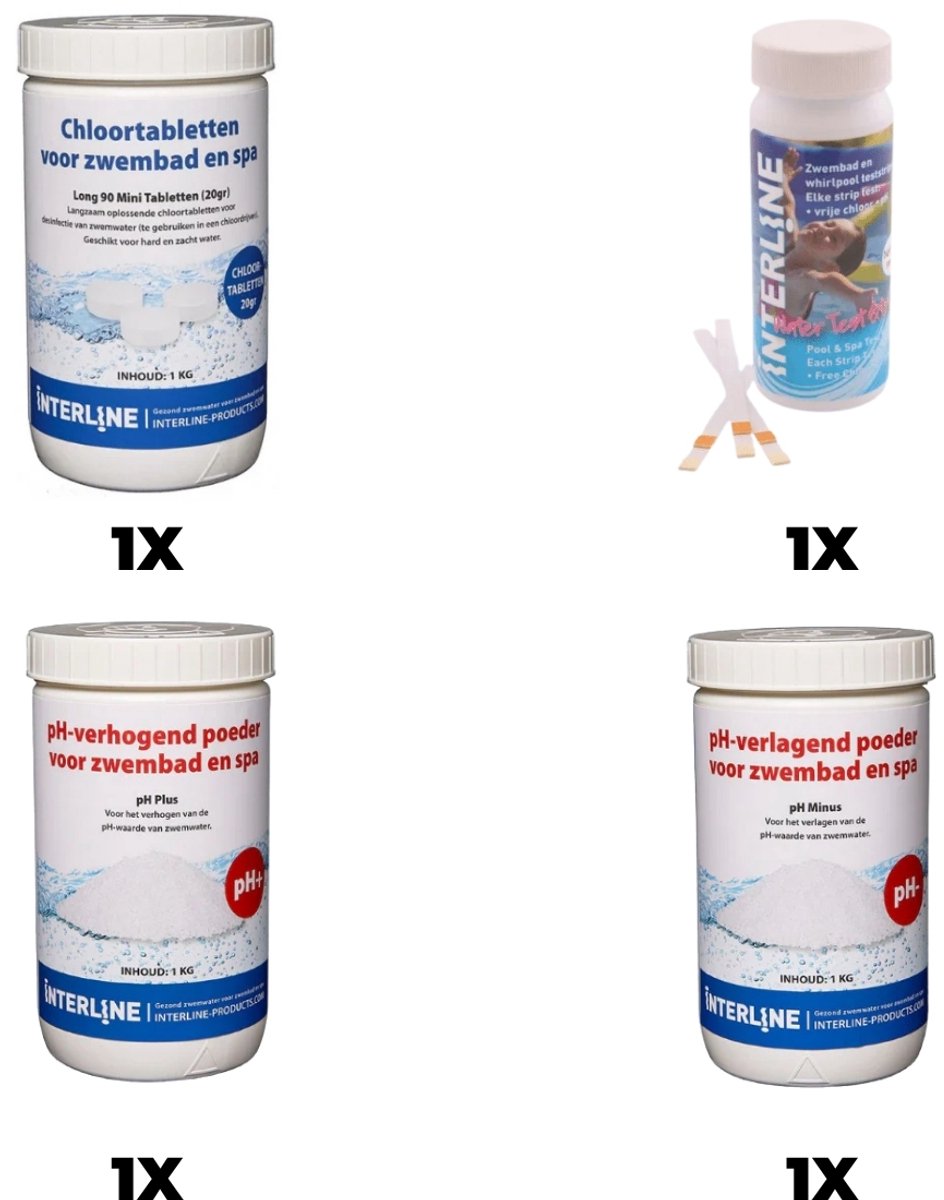 Zwembad Onderhoudsset - Starterset Zwembad - bevat Chloor - Testrips - PH-min en PH-plus - Zwembad Onderhoud Starterspakket - Chloortabletten - Voor Zwembaden