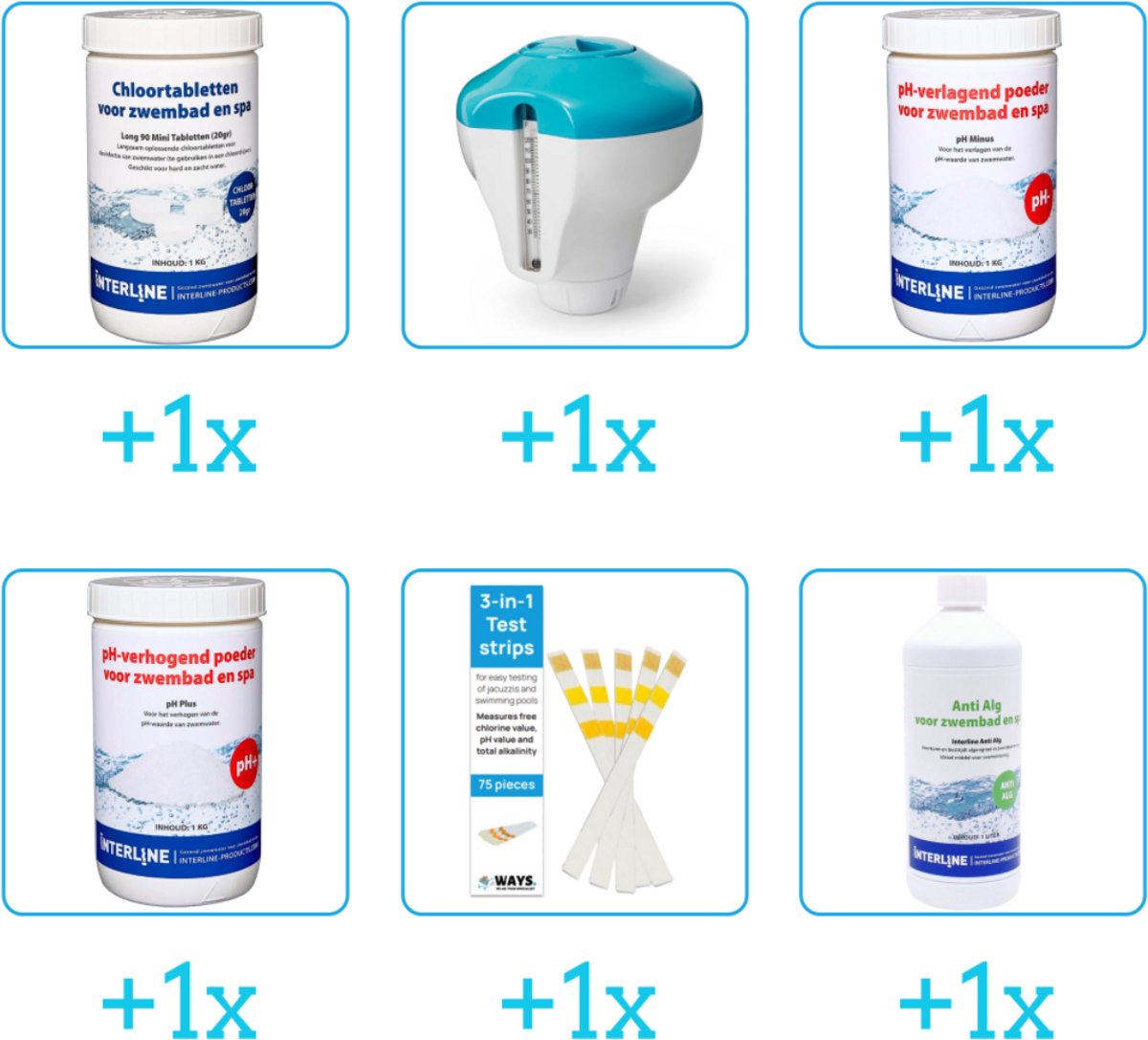 Zwembad Onderhoudsset - Startersset bevat Chloor - Chloordrijver - PH-min en PH-plus - Testrips - Anti Alg - Interline Onderhoud Starterspakket- voor Opzetzwembaden - Voor middelgrote zwembaden van 2500 tot 25.000 liter (6-delig)