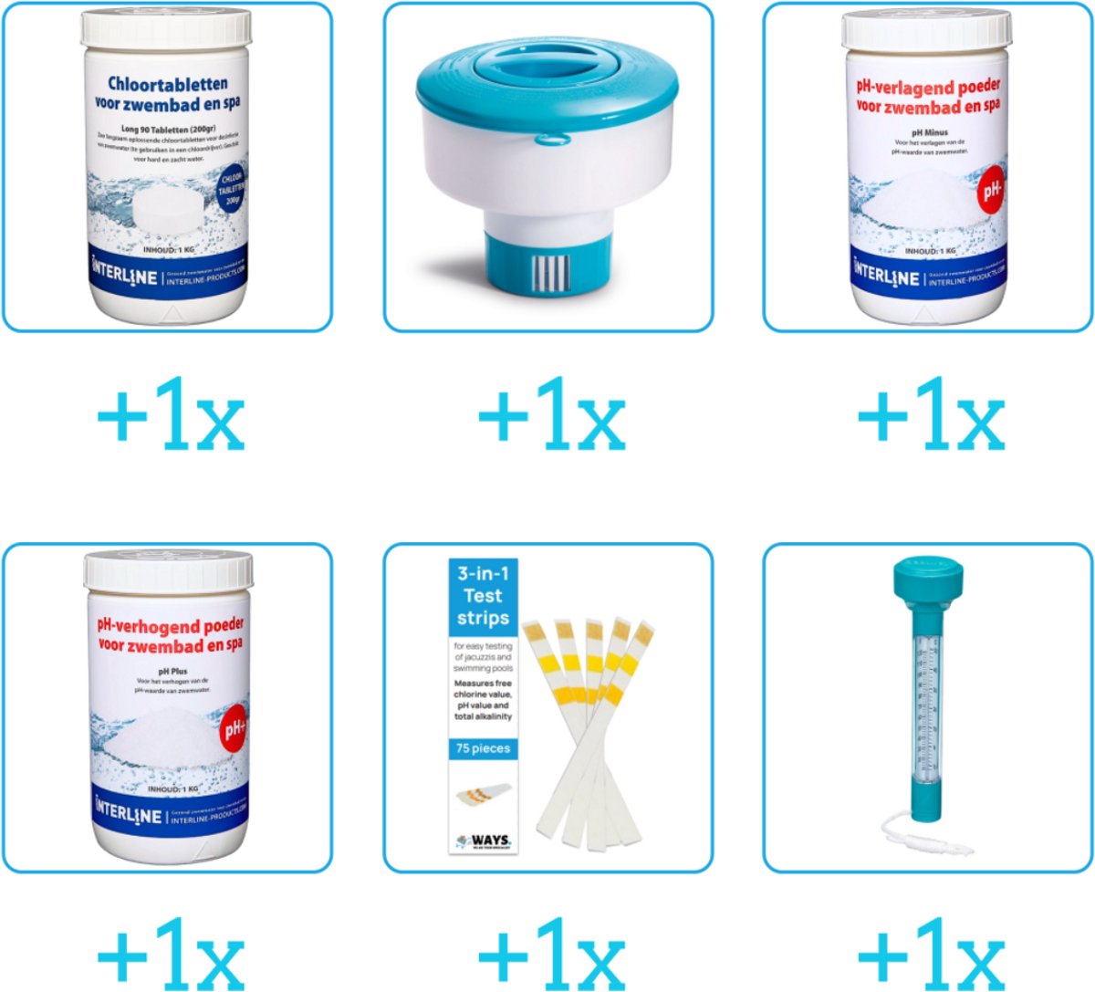 Zwembad Onderhoudsset - Startersset bevat Chloor - Chloordrijver - PH-min en PH-plus - Testrips - Thermometer - Interline Onderhoud Starterspakket - Chloortabletten - Geschikt voor zwembaden met meer dan 25.000 liter (6-delig)