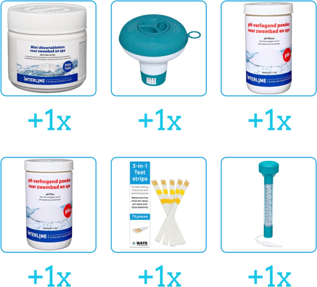 Zwembad Onderhoudsset - Startersset bevat Chloor - Chloordrijver - PH-min en PH-plus - Testrips - Thermometer - Interline Onderhoud Starterspakket - Voor zwembaden en Spas - Voor kleinere zwembaden tot 2500 liter (6-delig)