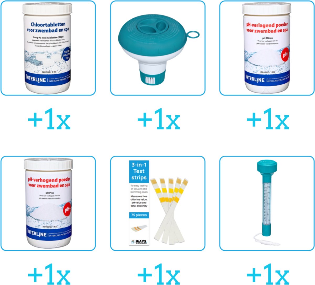 Zwembad Onderhoudsset - Startersset bevat Chloor - Chloordrijver - PH-min en PH-plus - Testrips - Thermometer - Interline Onderhoud Starterspakket- voor Opzetzwembaden - Voor middelgrote zwembaden van 2500 tot 25.000 liter (6-delig)