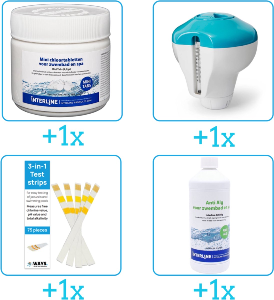 Zwembad Onderhoudsset - Startersset bevat Chloor - Chloordrijver - Testrips en Anti Alg - Interline Onderhoud Starterspakket - Voor zwembaden en Spas - Voor kleinere zwembaden tot 2500 liter (4-delig)