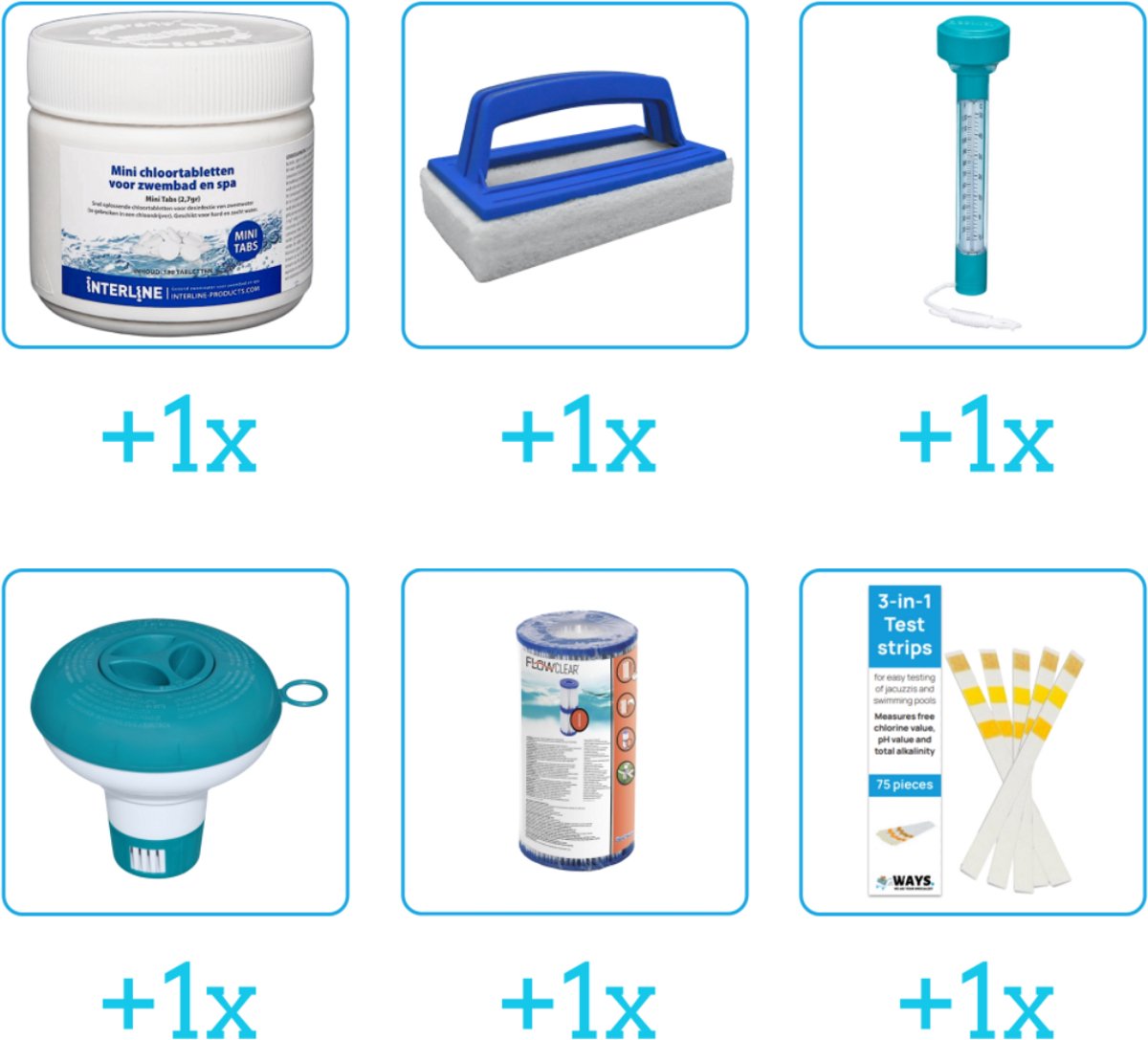 Zwembad Onderhoudsset - Startersset bevat Chloor - Scrubborstel - Thermometer en Chloordrijver - Filter - Testrips - Interline Onderhoud Starterspakket - Voor zwembaden en Spas - Voor kleinere zwembaden tot 2500 liter (6-delig)
