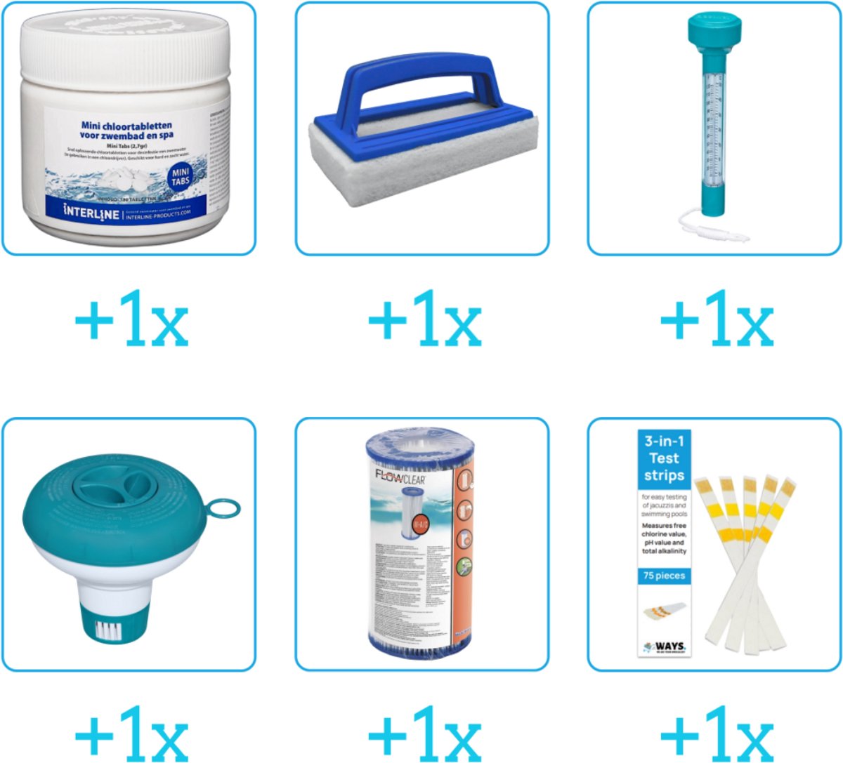 Zwembad Onderhoudsset - Startersset bevat Chloor - Scrubborstel - Thermometer en Chloordrijver - Filter - Testrips - Interline Onderhoud Starterspakket - Voor zwembaden en Spas - Voor kleinere zwembaden tot 2500 liter (6-delig)